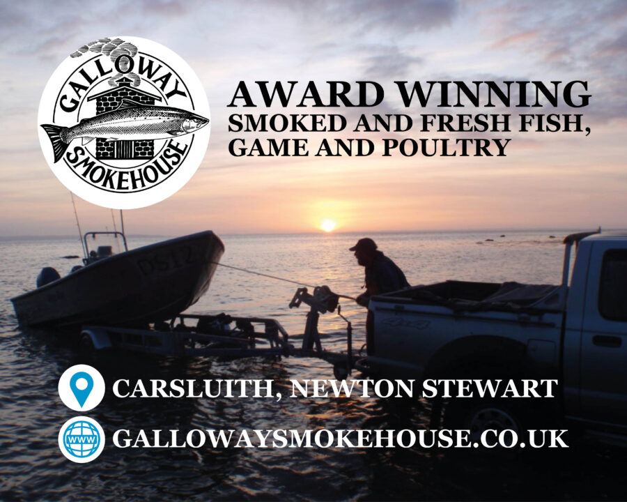 Galloway Smokehouse advert. Award winning smoked and fresh fish, game and poultry. Image shows fishing boat at dusk