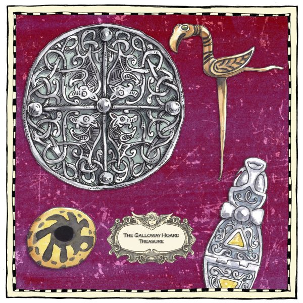 An illustration of gold and silver objects from The Galloway Hoard.
