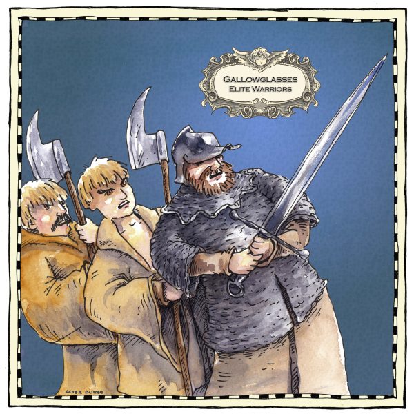 Illustration of three warrior's called the Gallowglasses. They are armed with weapons and scowling.