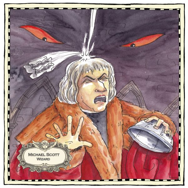 IIlustration of Michael Scott. He is standing, gasping, in a red and orange robe holding a metal skull cap in his hand, a large piece of falling masonry has hit him on the head. Two red eyes are looking on behind him.