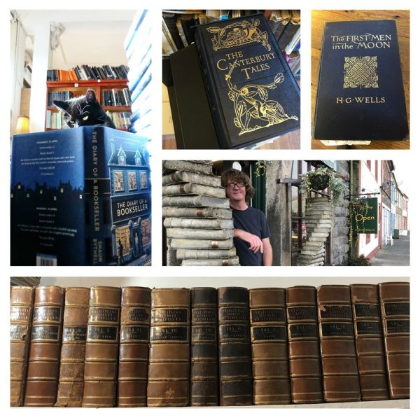 The Bookshop, Wigtown's oldest book shop, proprietor Shaun Bythell standing outside, various book and his cat.