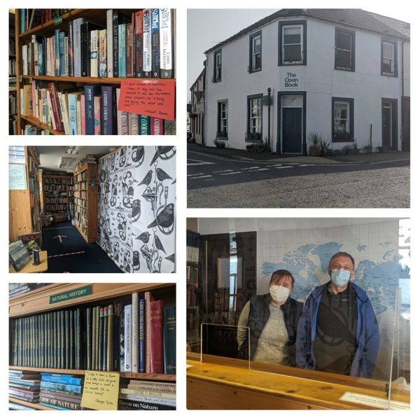 The Open Book bookshop, Wigtown. An outside corner view of the white building. Inside various bookshelves and the booksellers in residence for the week.