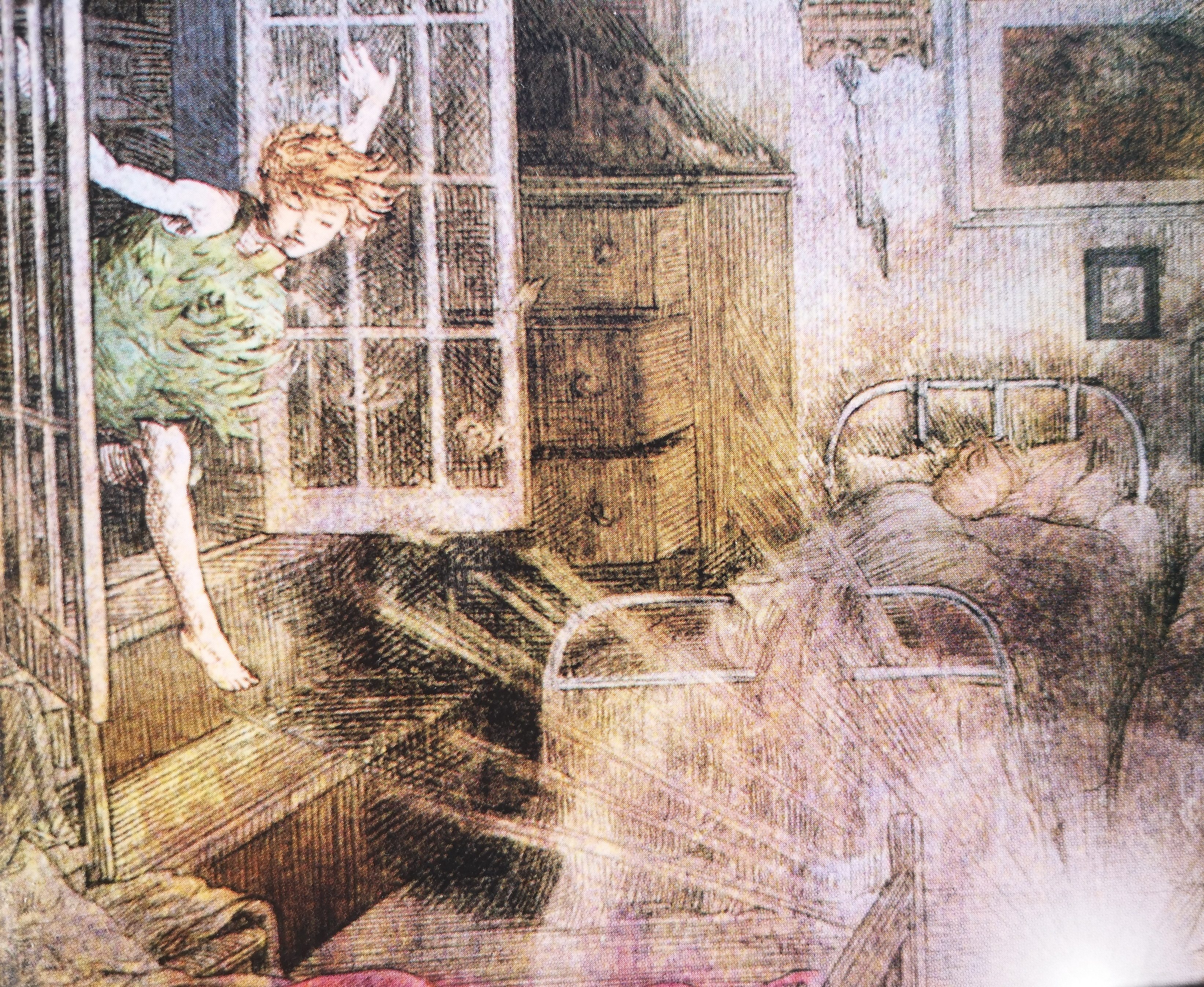 An illustration of Peter Pan climbing through a window into a sleeping child's bedroom. A bright light shines in the corner of the room.