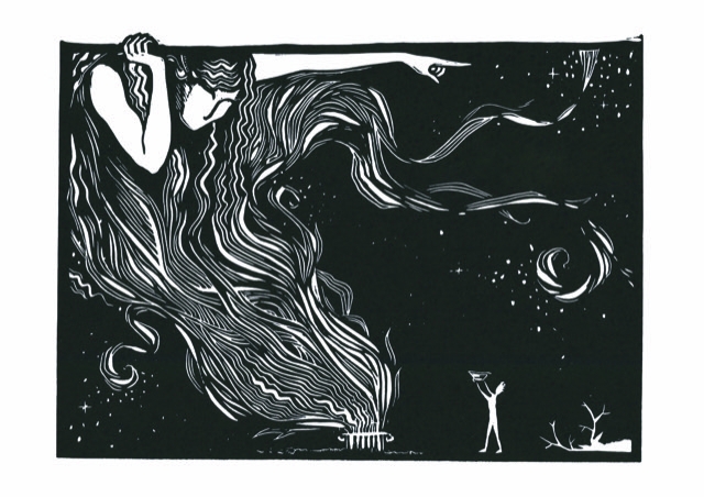 Black and white illustration of a goddess with long hair pointing to a lone figure holding an offering. Stars are entangled in her hair.