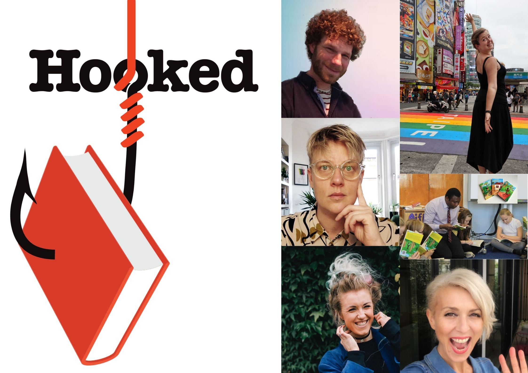 Hooked logo with Kathryn Koromilas, Jules Scheele, Bapula Chebe, Aly Ford, Imogen Stirling and Alan McClure. A young persons creative event.