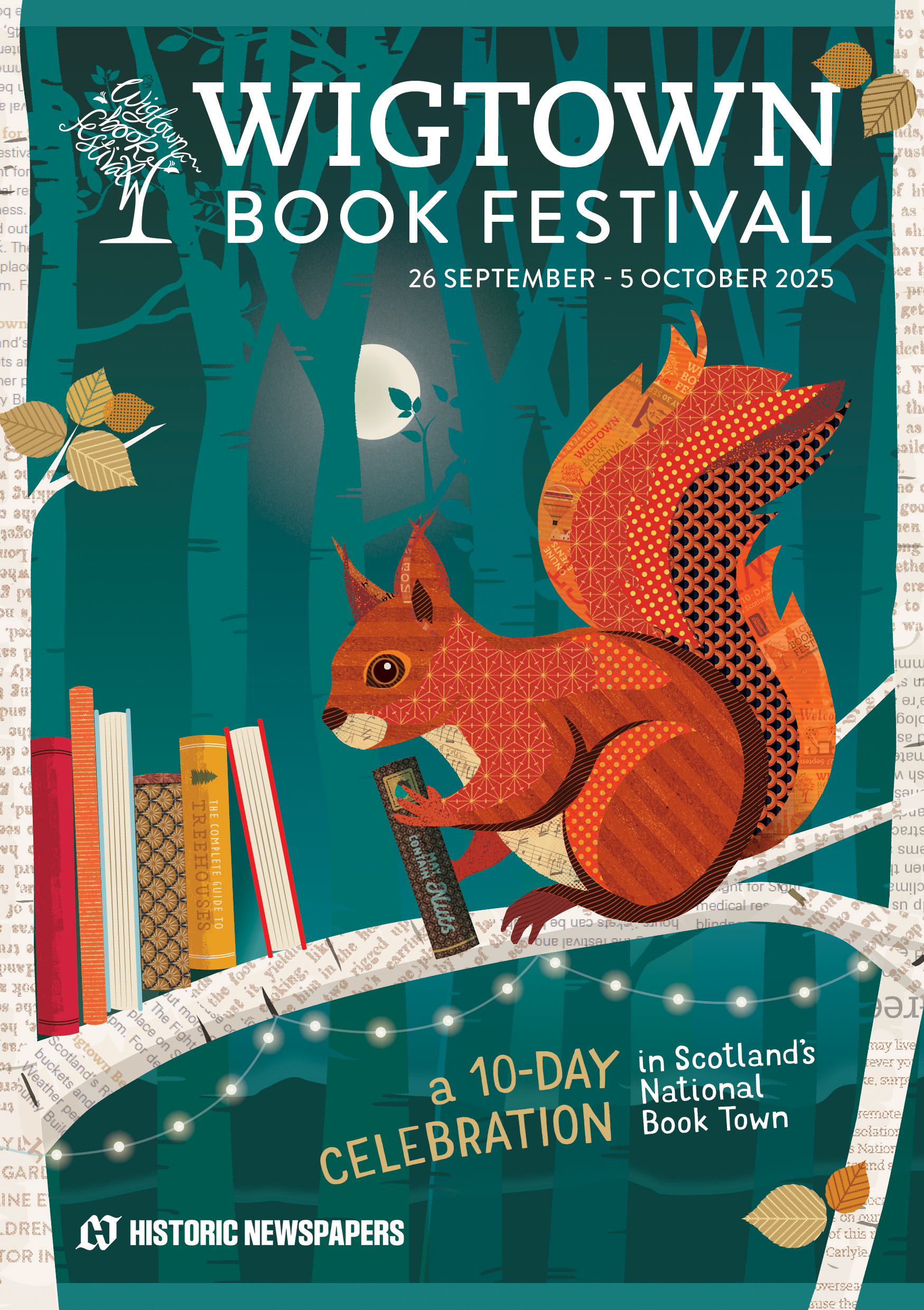 Wigtown Book Festival Programme Front Cover 2025 featuring red squirrel sitting on a branch reading books in a green woodland