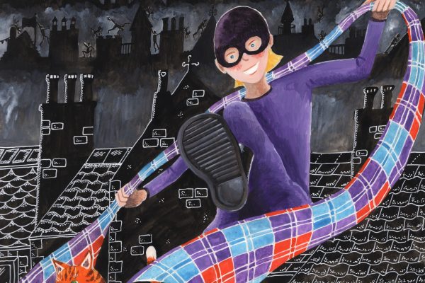Book cover for 'Princess Dangerous' by Abby Gray and Alan Grant. A masked superhero is jumping over rooftops holding a tartan scarf, a ginger and white cat accompanies her.