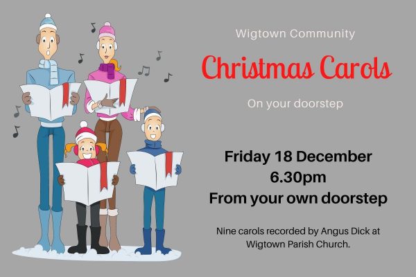 Graphic poster promoting Wigtown Community Christmas Carols on your doorstep. Two adults and two children holding song sheets and singing.