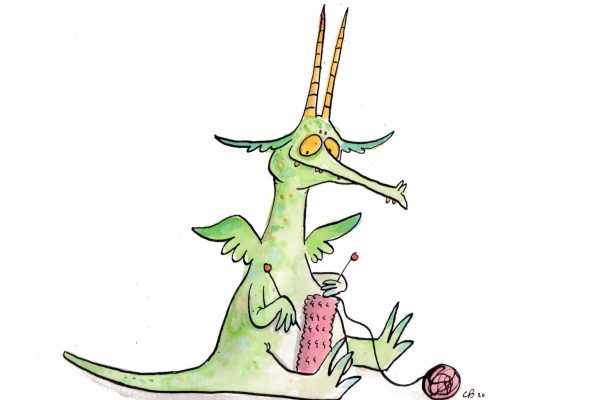 Cartoon illustration of a green dragon sitting knitting with pink wool.