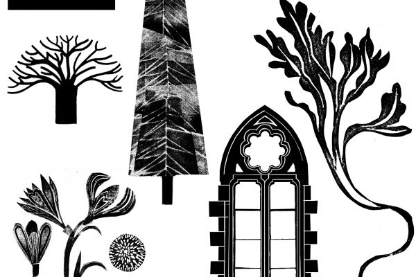 Black and white illustration featuring an arched window, a cloud, a mountain, flowers, seaweed, a tree and a man.
