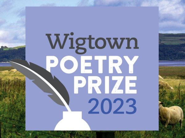 Graphic Logo for Wigtown Poetry Prize 2023 set against a rural background of fields, sheep and the Galloway Hills.