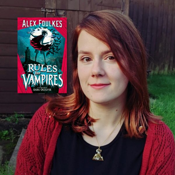 Headshot of Alex Foulkes with her book 'Rules for Vampires'.
