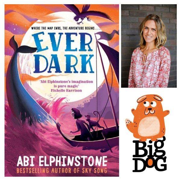 Abi Elphinstone and her book 'Ever Dark' for a Big Dog Children's Book Festival event. A child and monkey sailing in choppy waters as a large whale breaches in front of them