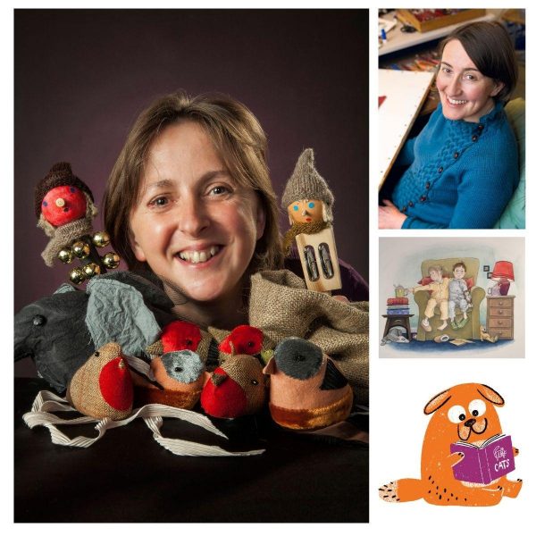 Ailie Finlay holding various bird toys used as puppets for storytelling at a Big Dog Children's Book Festival event. Big dog graphic logo.