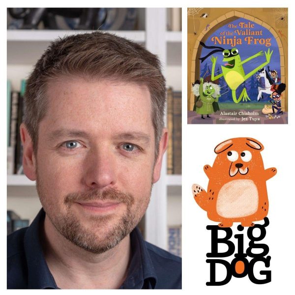 Alastair Chisholm headshot with his book 'The Tale of the Valiant Ninja' for a Big Dog Children's Book Festival event. A witch, a frog a prince on horseback and a jewel thief all stand under an arched doorway.