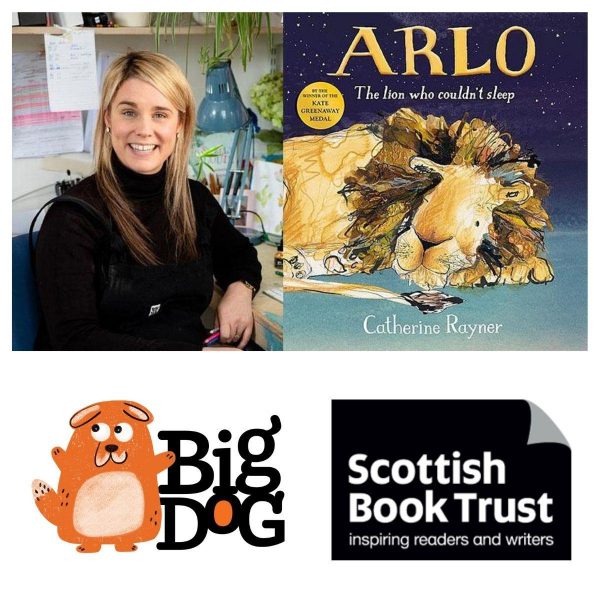Catherine Rayner and her book 'Arlo: The Lion Who Couldn't Sleep' for a Big Dog Children's Book Festival Event.  Illustration of a sleeping lion under the night sky.