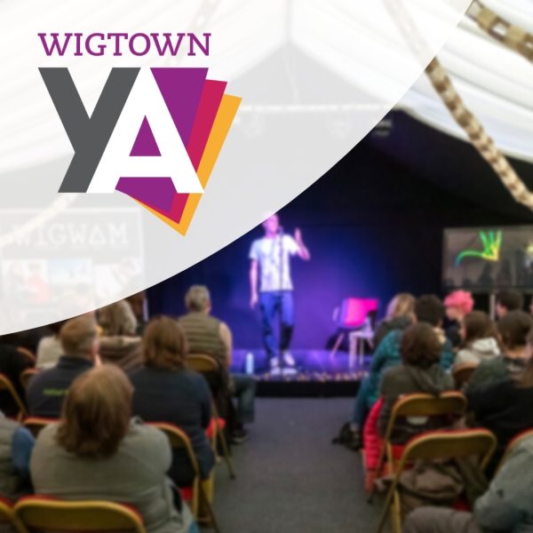 Wigtown YA. Logo graphic over a photograph of an event for young people in a marquee at Wigtown Book Festival.