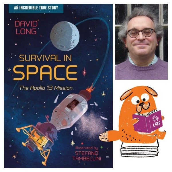 David Long and his book 'Survival in Space' for a Big Dog Children's Book Festival Event. A rocket ship blasting into space, the moon and stars surrounding it.
