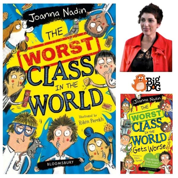 Joanna Nadin and her book 'The Worst Class in the World' for a Big Dog Children's Book Festival Event. Illustration of various children and animals pulling faces and eating food items.