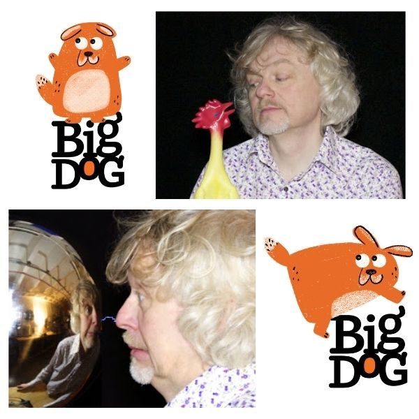 Martin Jopson holds a rubber chicken and a mirrored ball for Zap, a Big Dog Children's Book Festival event.