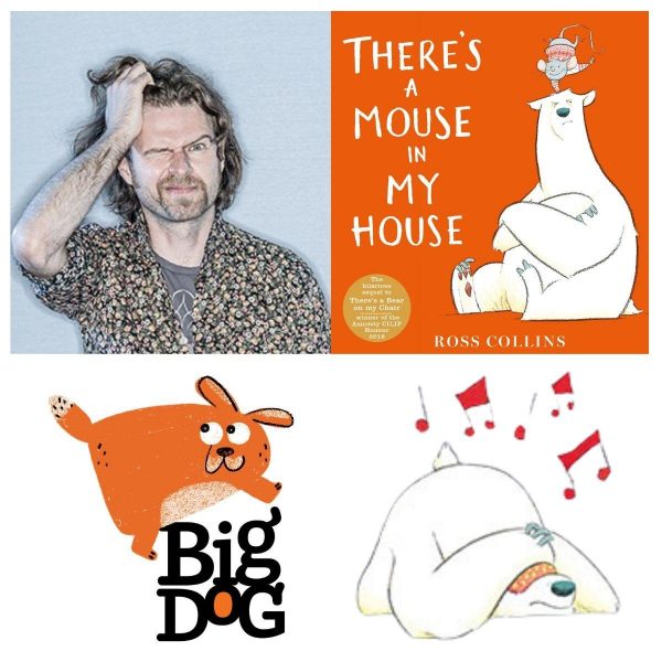 Ross Collins and his book 'There's a Mouse in my House' for a Big Dog Children's Book Festival event. A polar bear is sitting with his arms crossed and eyes shut while a mouse sits on his head.