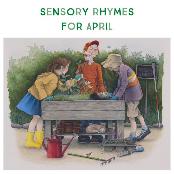 'A Sensory story for April' book cover. An illustration of three children standing at a planter box touching the flower and soil. A watering can, rake, shovel, plant pots and a sleeping cat are at their feet.