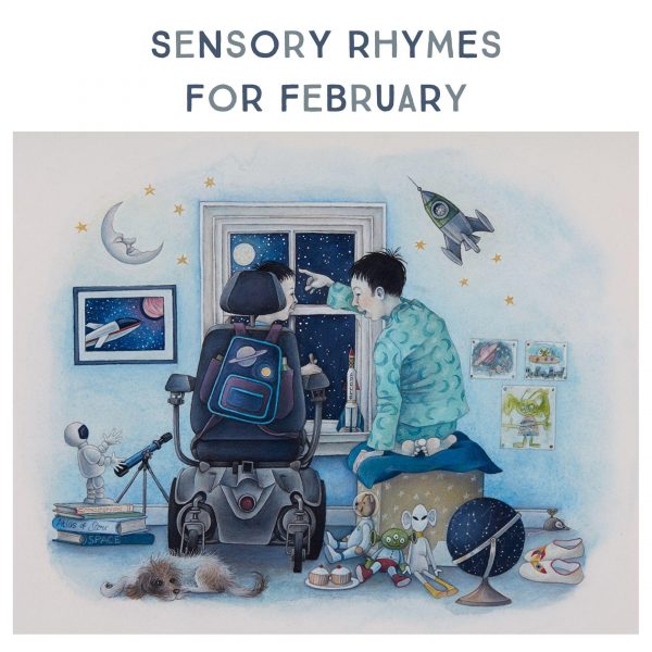 A Sensory Story For February' book cover features two children looking through a bedroom window into the night sky. One child is sitting on a box pointing to the moon, the other child is in a wheelchair. Pictures of space and rocket ships cover the wall. A telescope, books, a sleeping dog, robots, a globe and cupcakes adorn the floor.