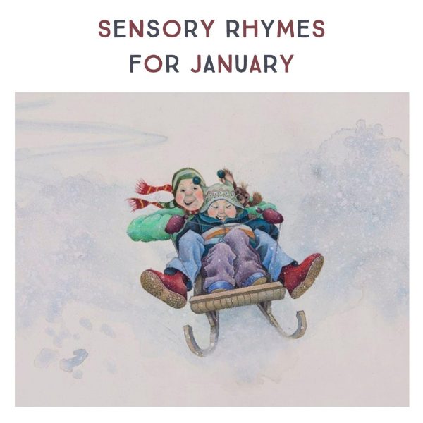 'Sensory Rhymes For January' book cover features two children and a teddy bear on a sledge going down a snowy hill. They are clothed in warm jackets, hats and scarves.