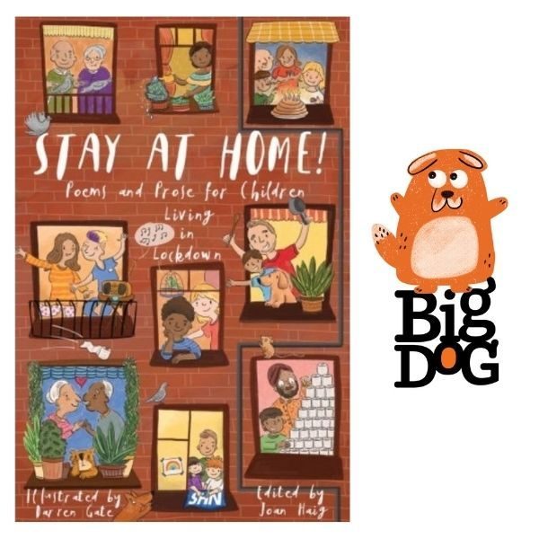 Big Dog book cover for 'Stories from Lockdown'. A high rise building with many windows. Families in each window entertaining themselves during lockdown. A Big Dog Children's Book Festival event.
