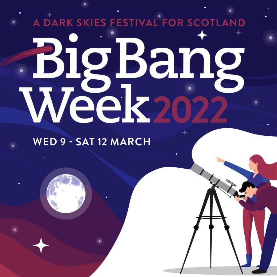 Graphic poster for the Big Bank Week 2022. Illustration of two people looking through a telescope up at the night sky. The moon and stars are visible.