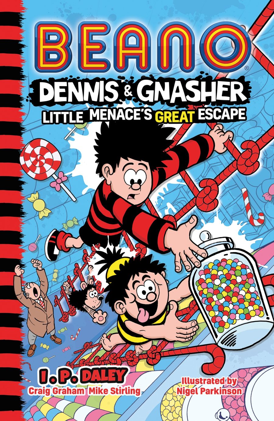 Beano Great Escape book cover. Dennis and friends are trying to climb up a rope ladder surrounded by sweets.