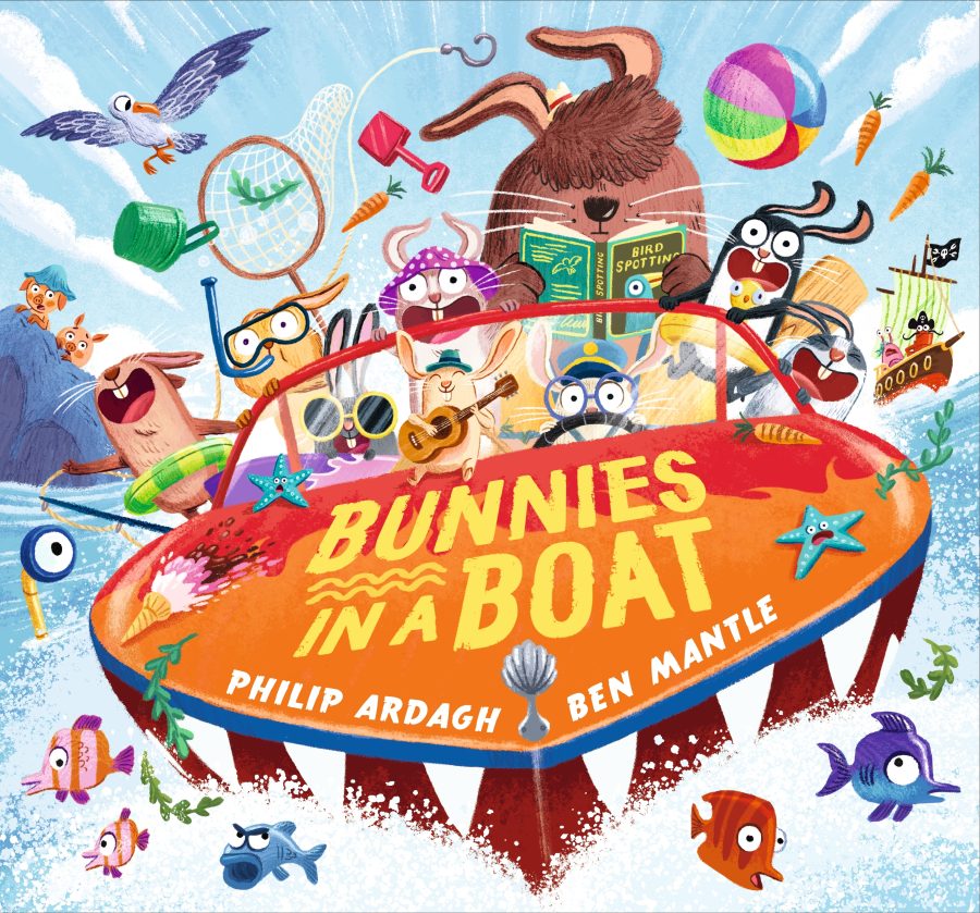 Book cover Bunnies in a boat by Philip Ardagh. Various animals are driving a speed boat while items fly out of it behind them. Fish are jumping out of the way below the boat, a pirate ship is chasing them and two pigs look on over a rock in delight.