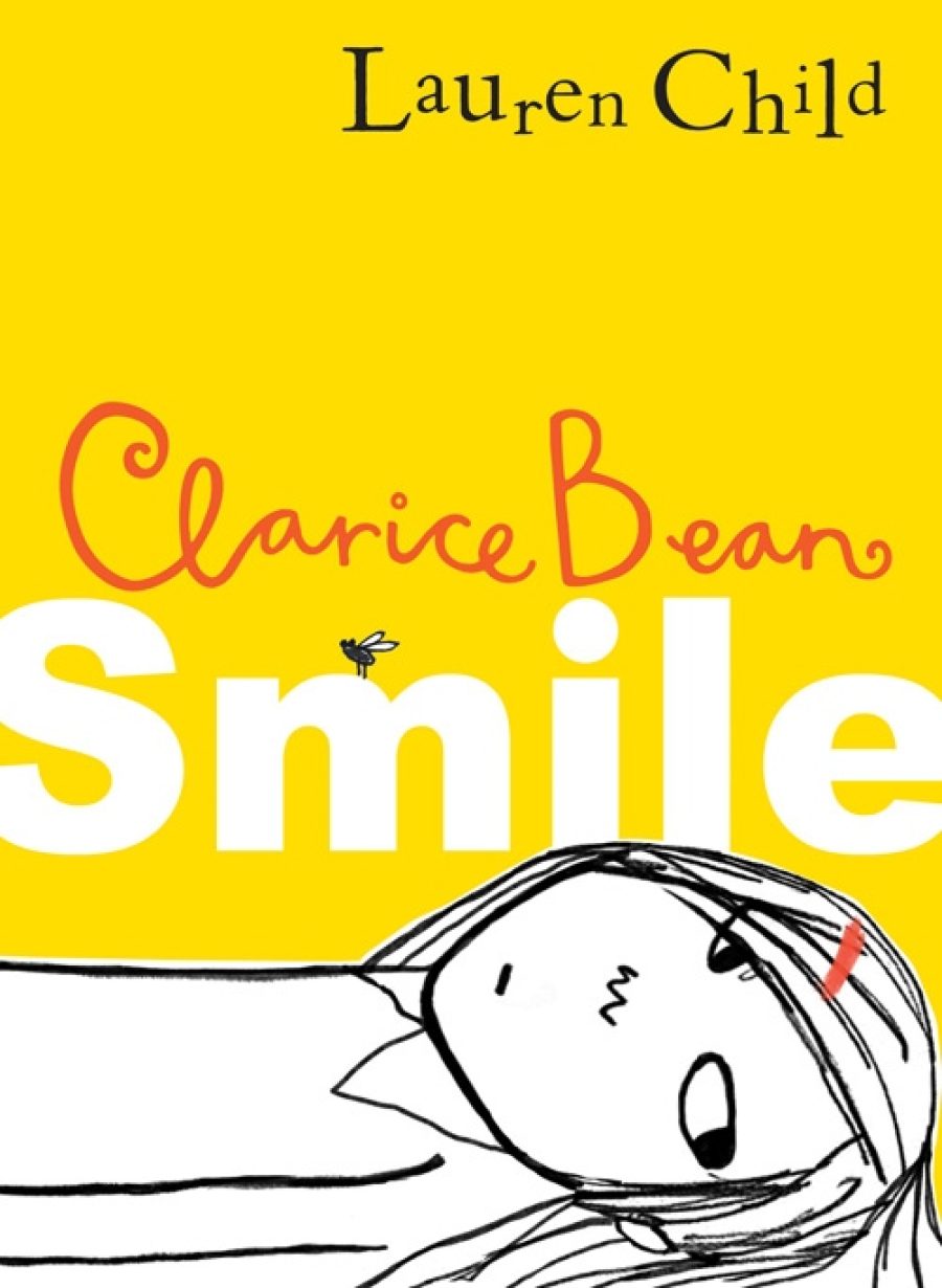 Children's book cover Smile by Clarice Bean. Yellow background with illustrated girl lying down facing towards you not smiling.