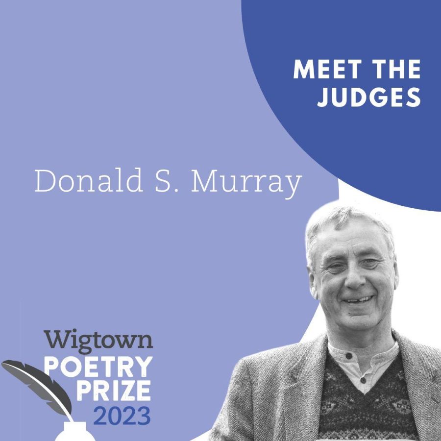 Graphic logo for Wigtown Poetry Prize 2023 meet the judges. Donald S Murray features.