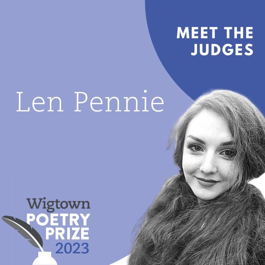 Graphic logo for Wigtown Poetry Prize 2023 meet the judges. Len Pennie features.