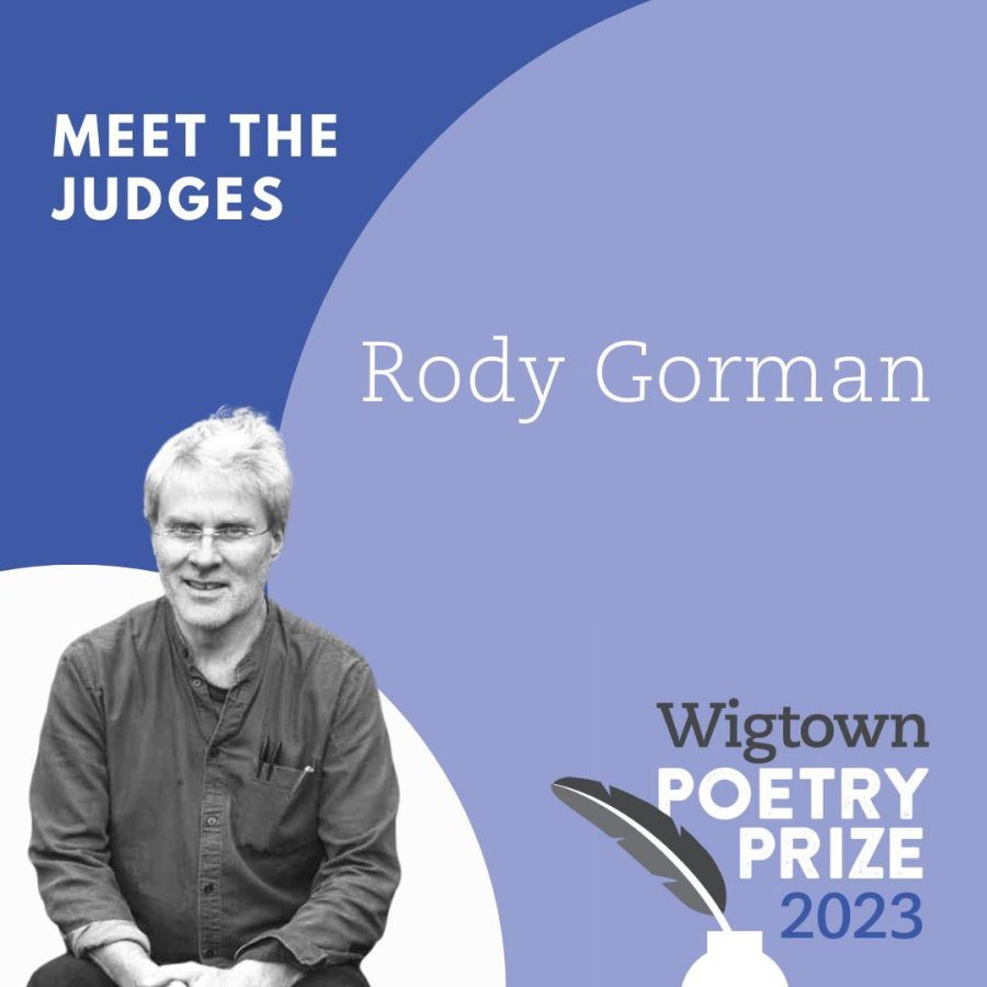Graphic logo for Wigtown Poetry Prize 2023 meet the judges. Rody Gorman features.