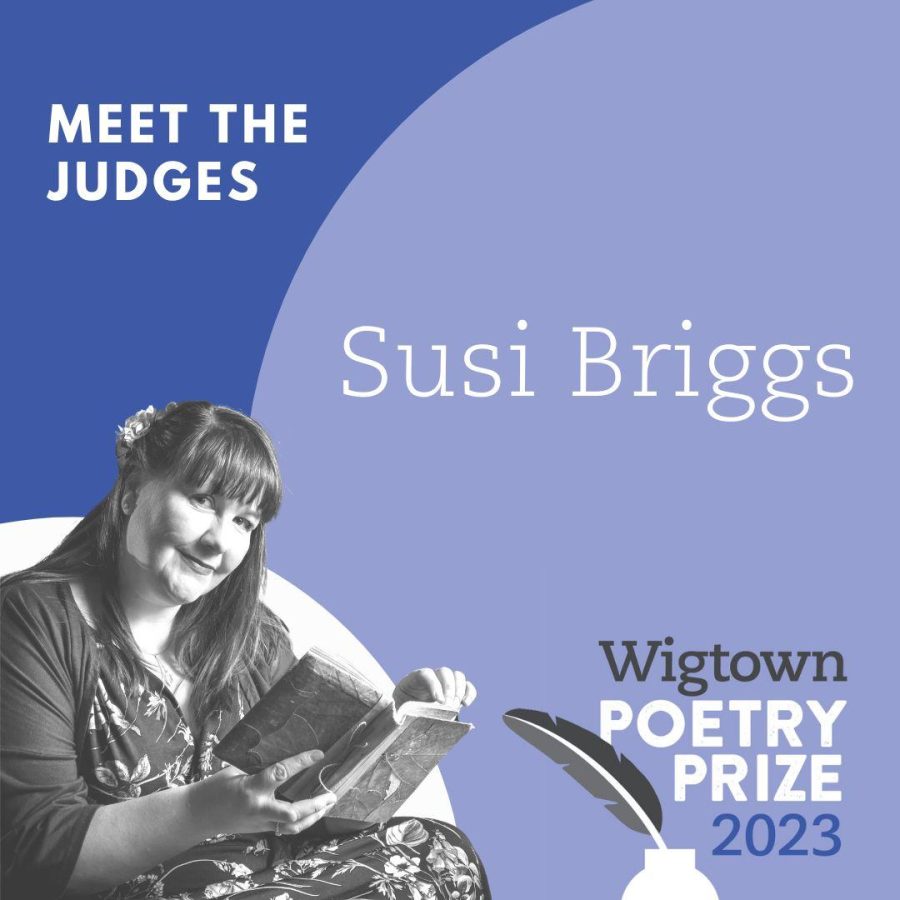 Graphic logo for Wigtown Poetry Prize 2023 meet the judges. Susi Briggs features.