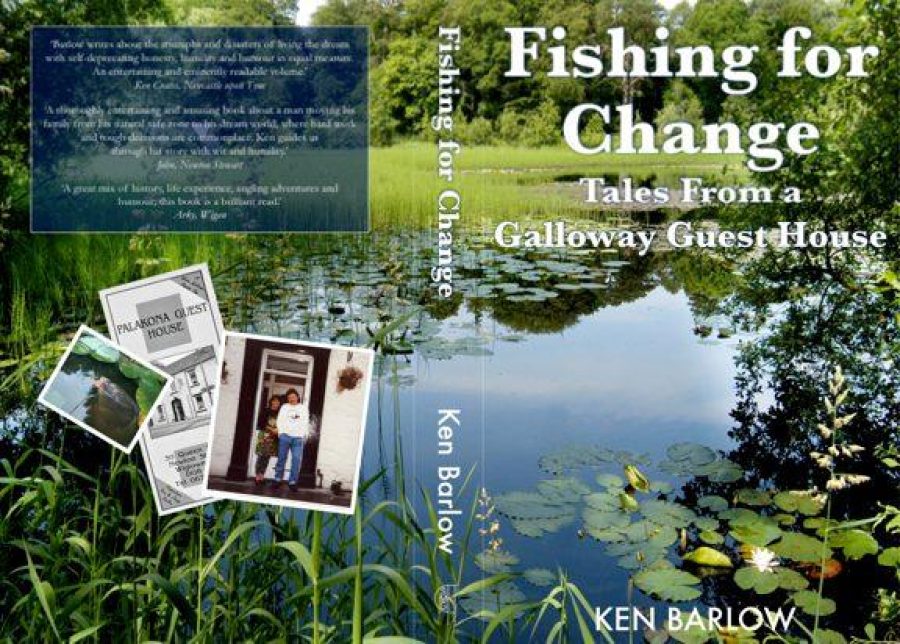 Book cover for 'Fishing for Change' by Ken Barlow. The book cover shows a pond with reeds and lillies, trees are overhanging.
