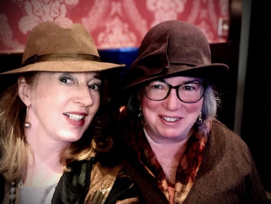 Fiona Lee and  Sandra McConnel dressed in costume during the Dorothy L Sayers walk at Wigtown Book Festival.