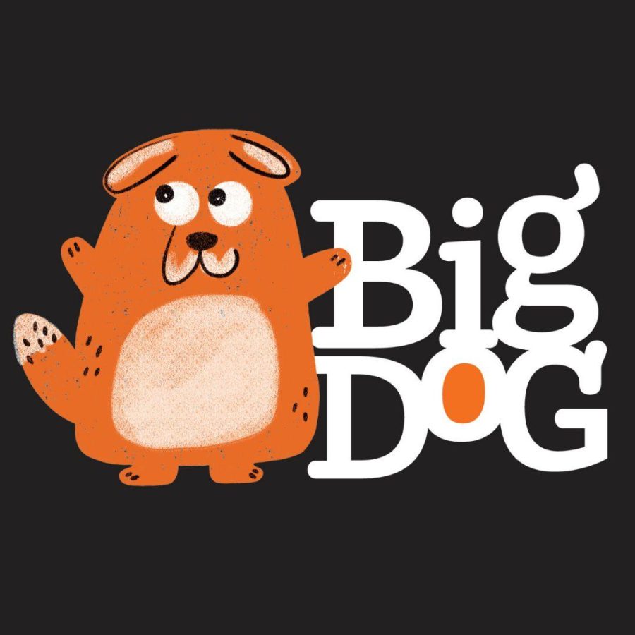 Graphic logo for Big Dog. Black background with the orange Big Dog mascot beside white lettering.