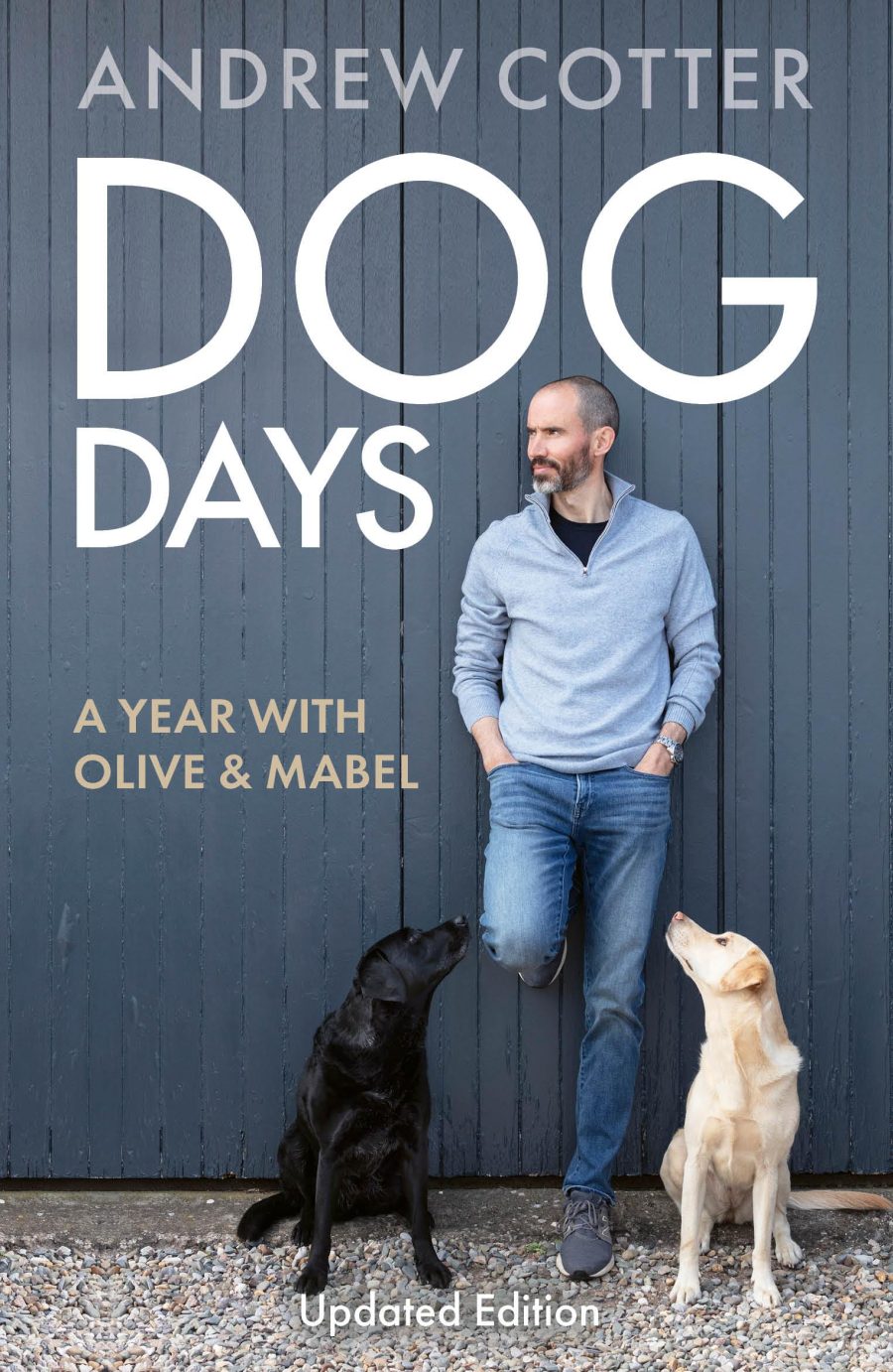 Andrew Cotter book cover 'Dog Days'. Andrew is standing against a blue wooden wall, one foot up. His labrador dogs are on either side looking towards him.