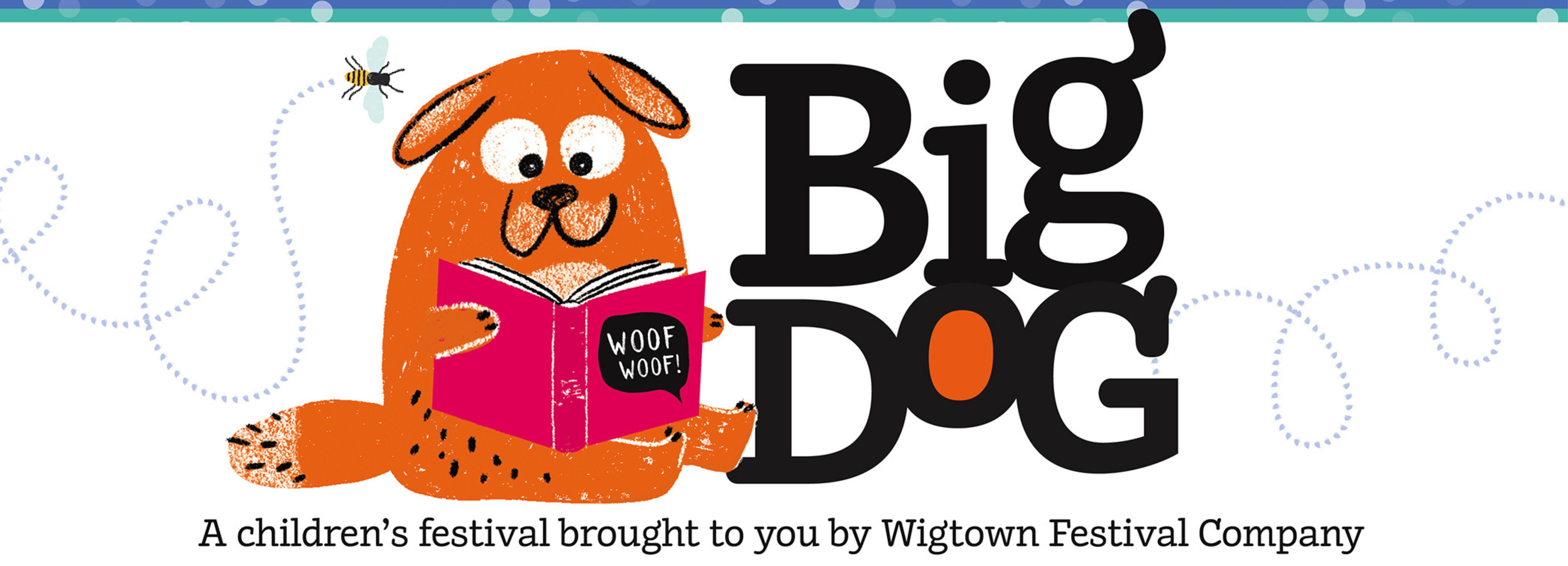 Graphic logo of Big Dog for the Children's Book Festival. The orange mascot dog sits reading a book with a bee buzzing around his head.