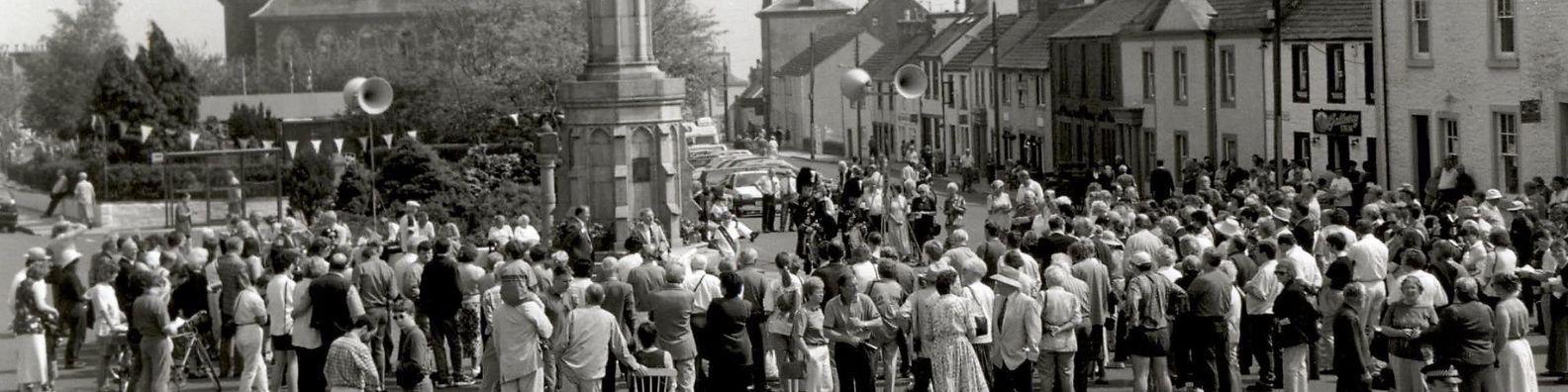 Crowds of people gathering in Wigtown for the first Book Festival.